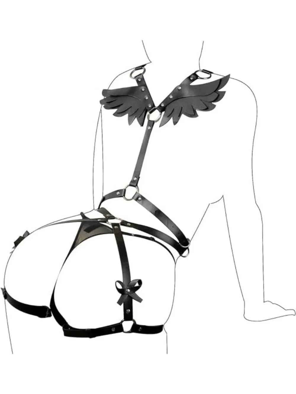 2 PCS Women's Adjustable Leather Body Harness with Angel Wings - Gothic Waist